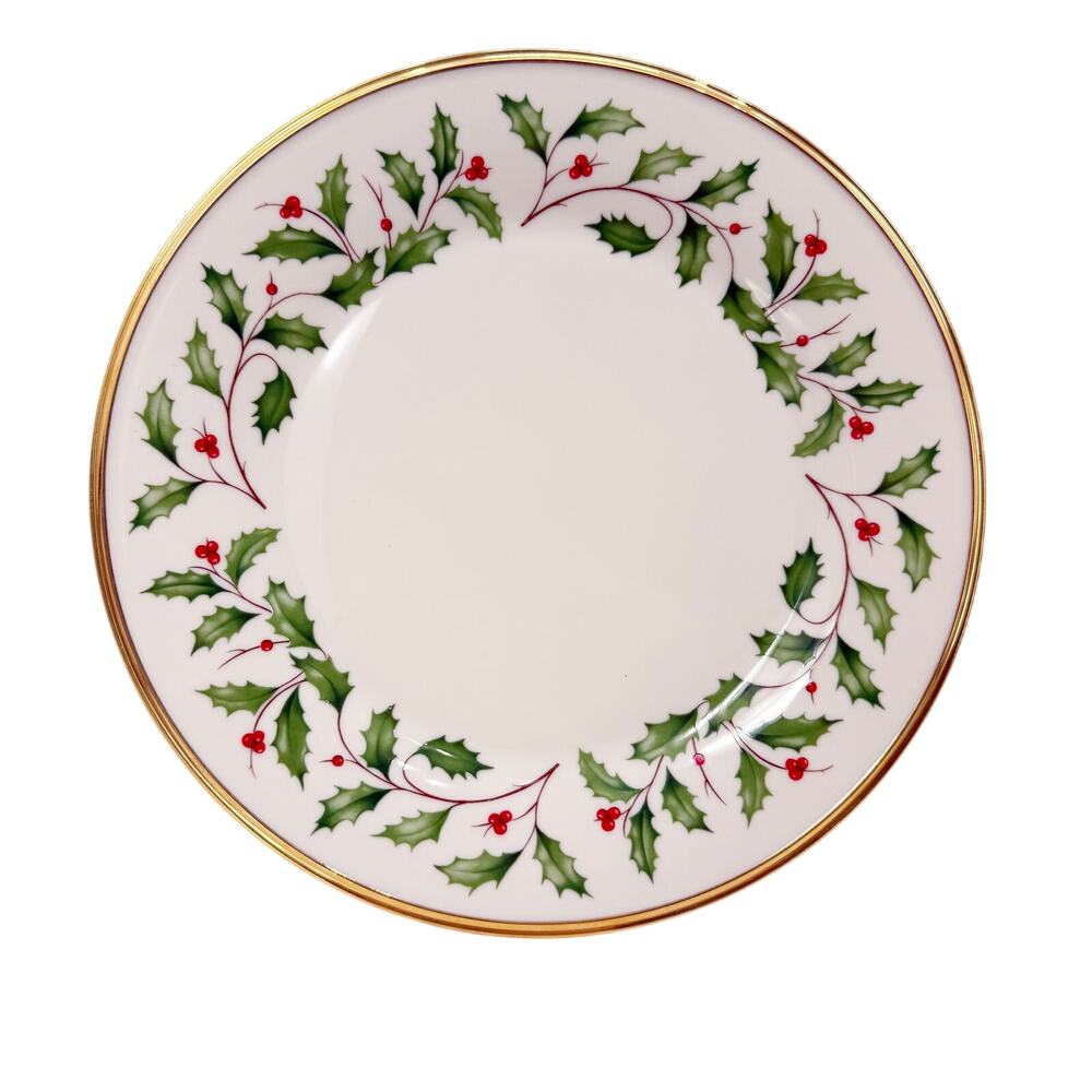 Lenox Holiday Dinner Plate Christmas holly berry 24k gold trim cream porcelain